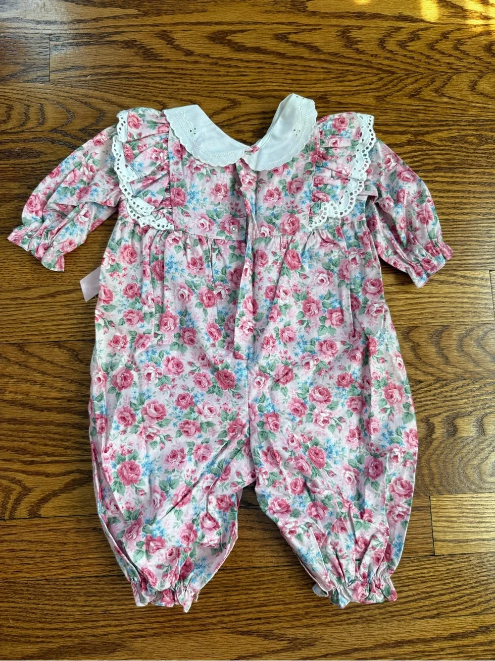 Vintage 80s 90s Pink Floral Baby Bubble Romper Eyelet Lace Collar Bows 3-6m